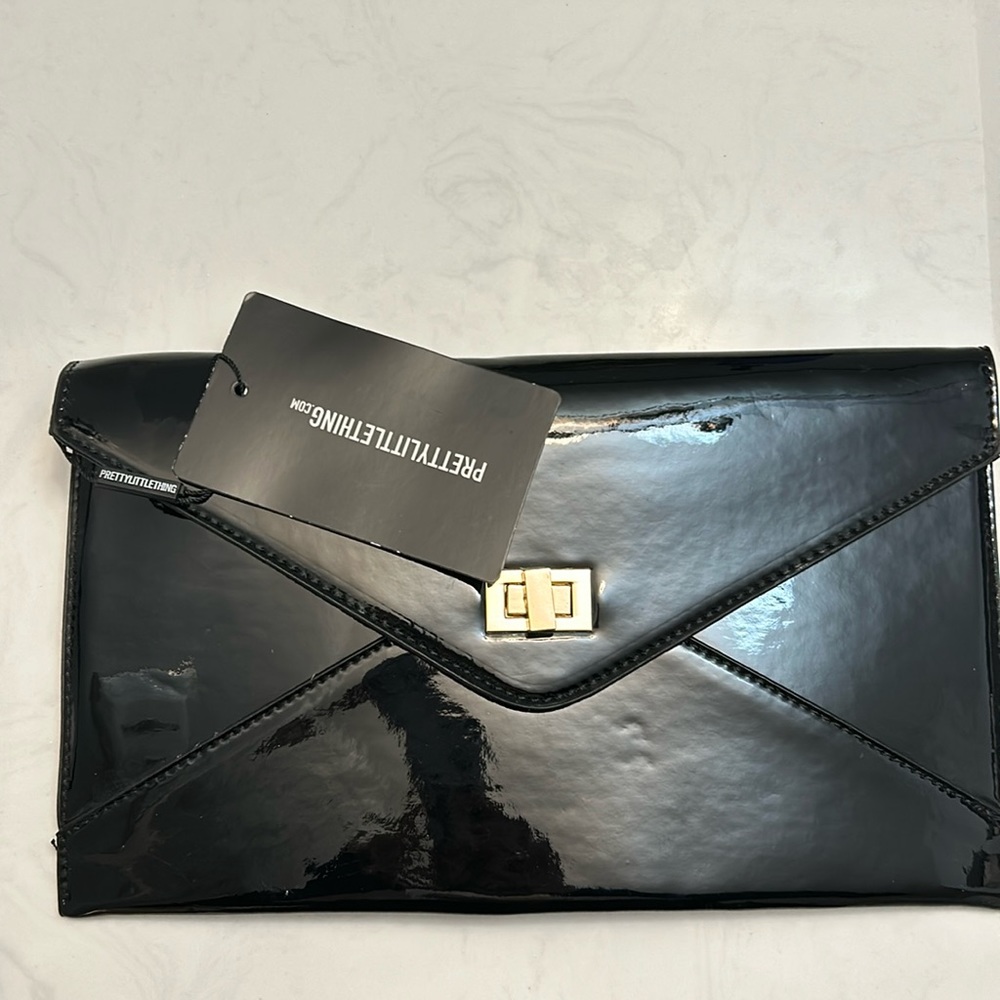 Pretty little thing black patent envelope clutch NBW NWT